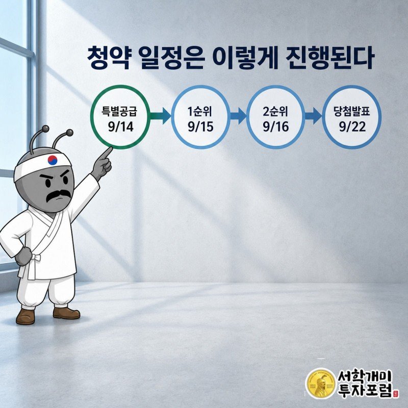달력 리본 위에 9월4일 견본주택 개장부터 10월 정당계약까지 청약 일정이 화살표로 이어지고 개미가 9월14일을 가리키는 이미지
