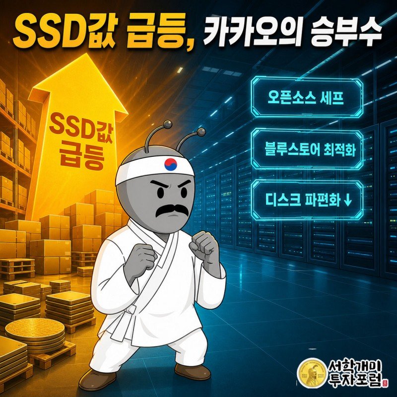 절반은 SSD값 급등 경고, 절반은 오픈소스 최적화 화면을 배경으로 개미가 반응하는 그림