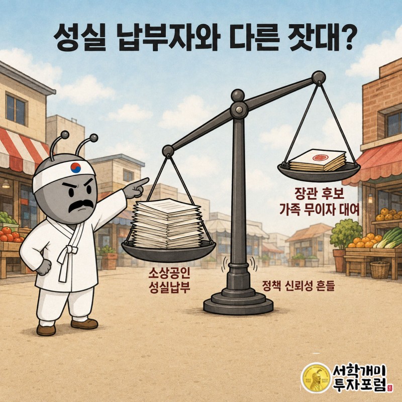 서민개미가 양팔저울을 가리키며 화를 내는 모습, 저울 한쪽은 자신의 성실 납부 영수증으로 무겁고 다른 쪽은 무이자 도장 서류로 가볍게 떠 있다