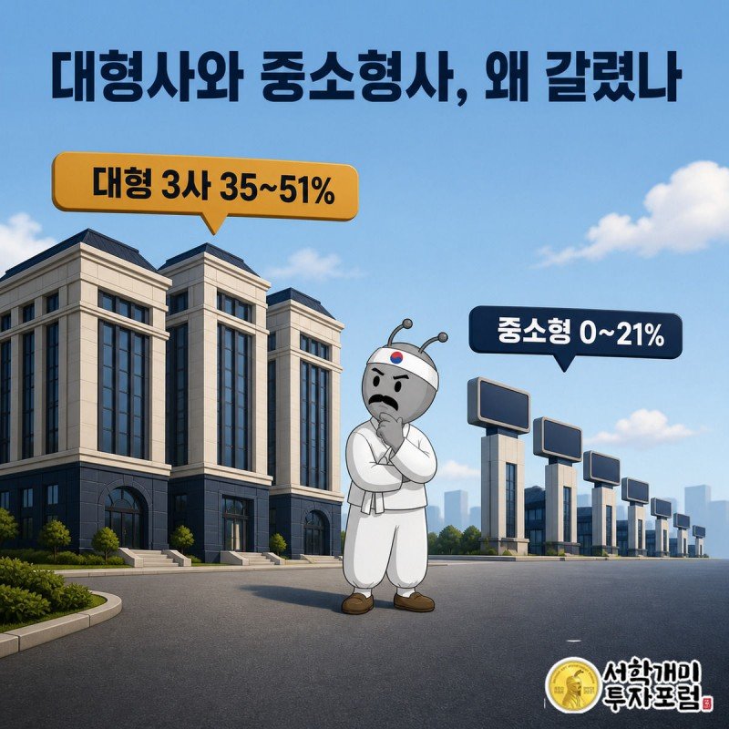 왼쪽엔 큰 보험사 건물 3채, 오른쪽엔 작은 보험사 간판들이 늘어서 수용률 격차를 보여주는 그림 앞에서 서민개미가 고개를 갸웃하는 그림