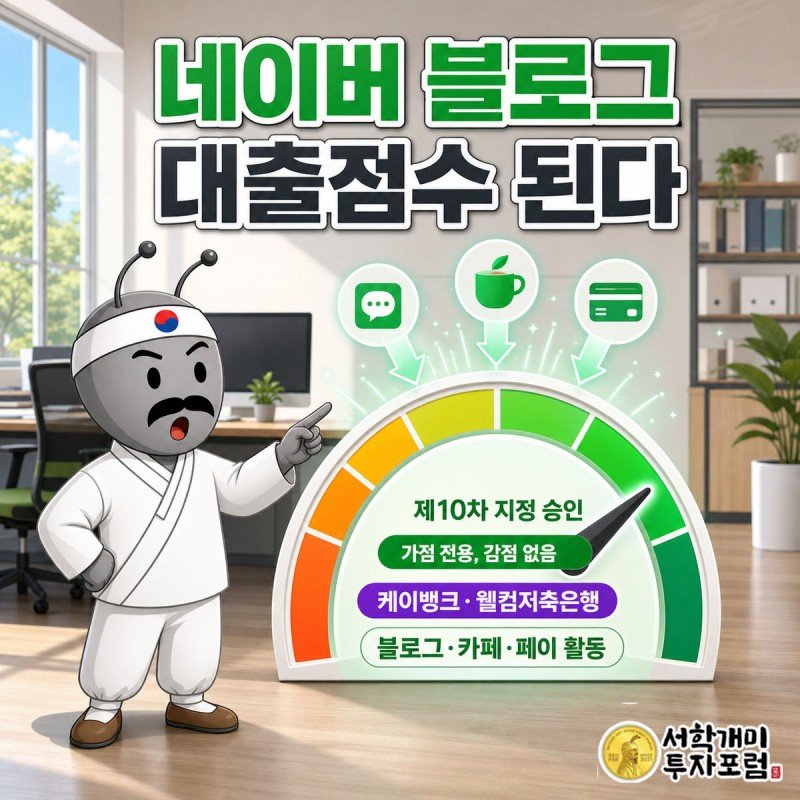 네이버 블로그·카페·페이 활동이 신용점수 게이지의 가점 구간을 밀어올리는 모습을 서민개미가 놀라며 가리키는 그림