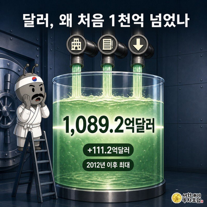 저수조에 세 갈래 물줄기가 흘러들어 수위가 1,089.2억달러 표시선을 넘는 것을 개미가 사다리에서 놀란 눈으로 올려다보는 그림