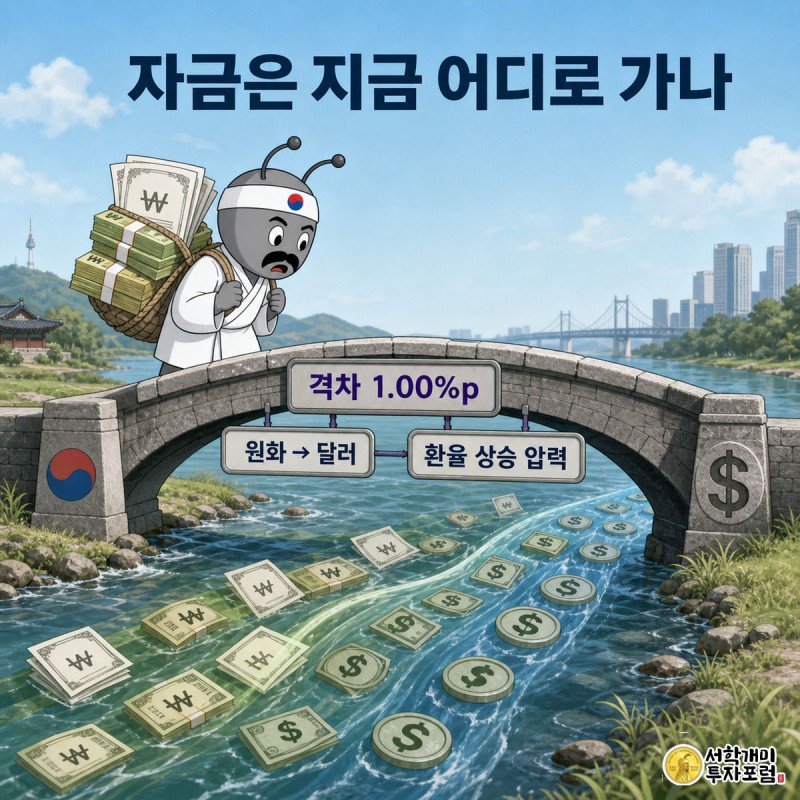 원화 자산을 멘 개미가 금리차 다리 위에서 미국 쪽으로 흘러가는 달러 강물을 낭패한 표정으로 바라보는 장면