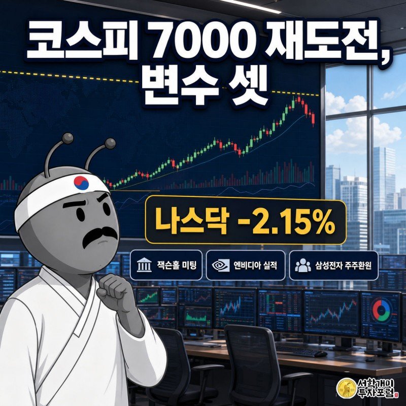 트레이딩룸 대형 스크린에 코스피 지수가 7000 저항선 아래서 꺾이는 차트가 떠 있고 개미가 긴장한 표정으로 올려다보는 그림