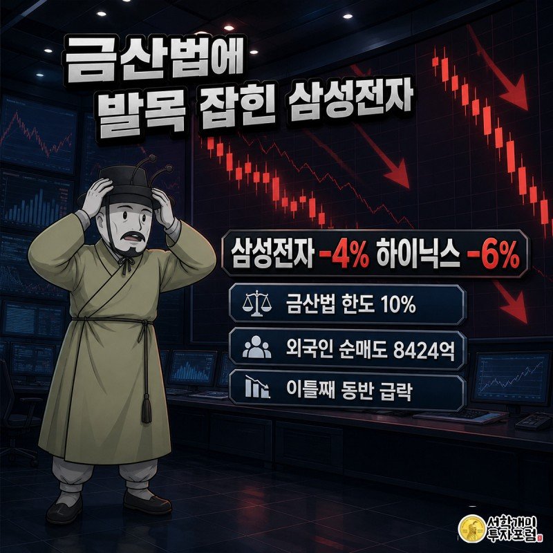 짙은 남색 시황판 앞에서 낙담한 개미가 삼성전자와 SK하이닉스의 붉은 하락 차트를 올려다보며 머리를 짚는 모습