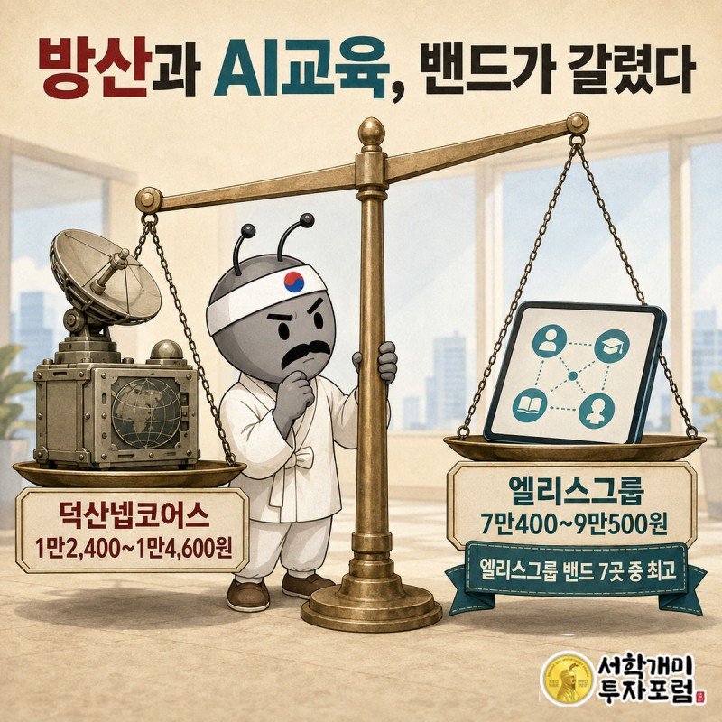 양반개미가 덕산넵코어스와 엘리스그룹의 공모가 밴드 카드를 양손 저울처럼 들어 비교하는 그림