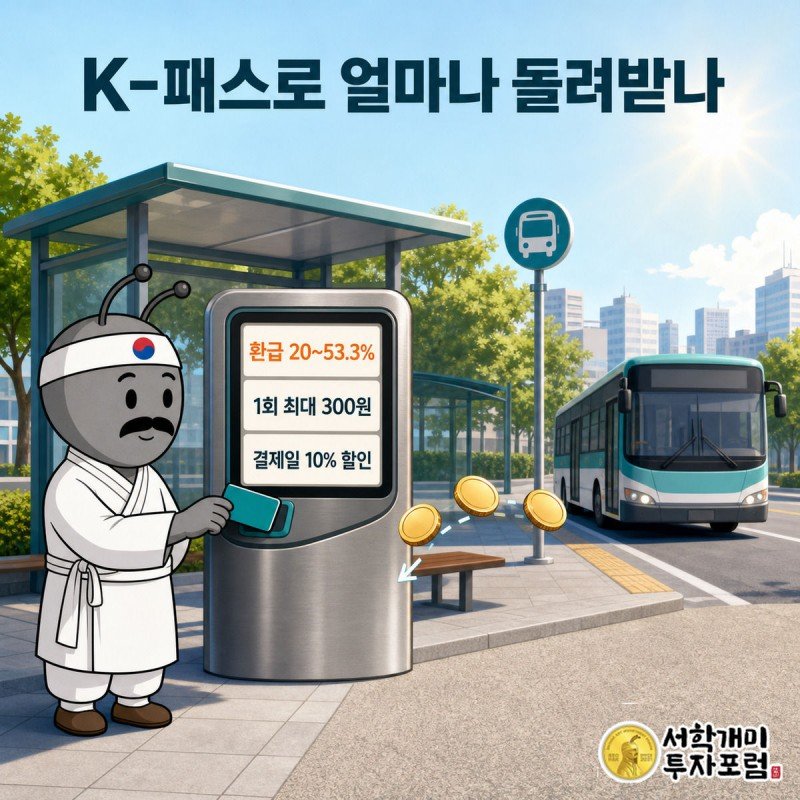 버스 단말기에 K-패스 카드를 태그하며 환급 퍼센트가 표시되고 서민개미가 흐뭇해하는 모습