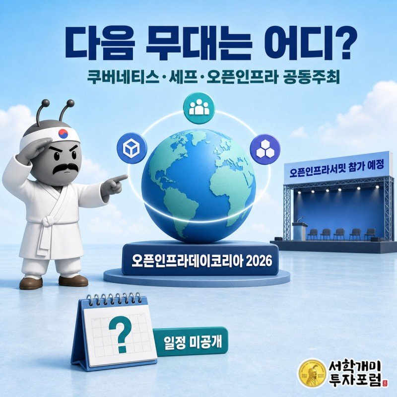 개미가 지구본 앞에서 다음 글로벌 오픈소스 컨퍼런스 일정을 살펴보는 그림