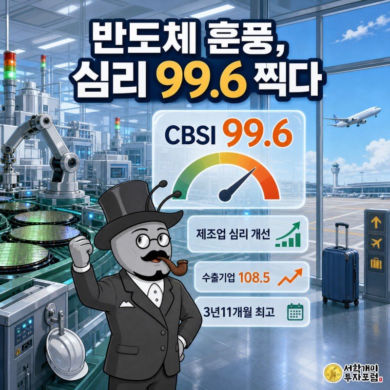 반도체 팹에서 안전모를 쓴 개미가 주먹을 들어 기뻐하고, 창밖으로 비행기가 이륙하는 가운데 CBSI 99.6 데이터 위젯이 떠 있는 표지 이미지