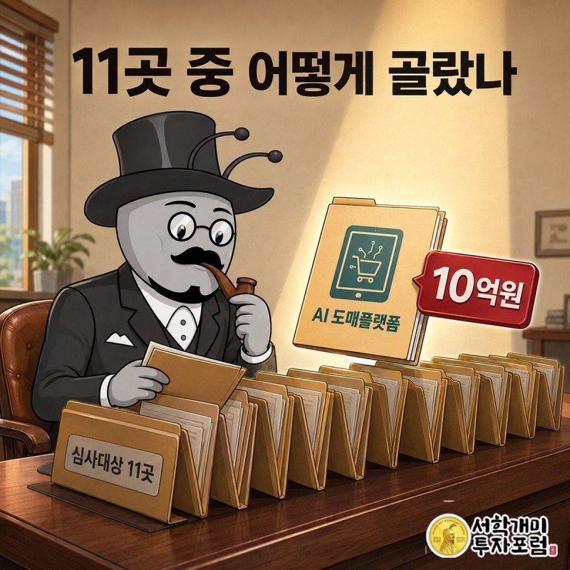 부자개미가 11개의 서류철 중 스포트라이트를 받은 AI 도매플랫폼 기업 서류를 살펴보는 그림
