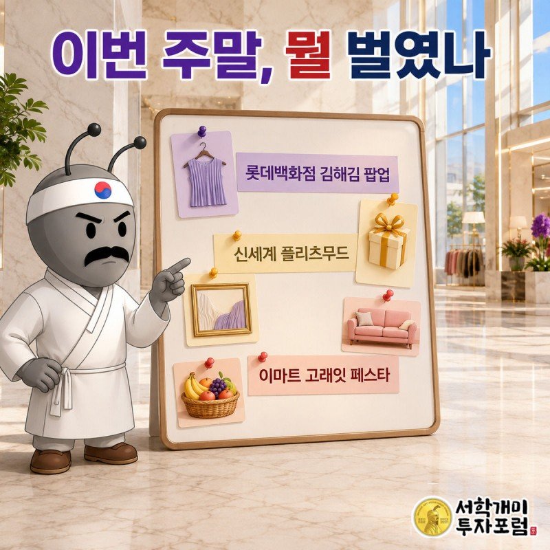 백화점 로비 안내판에 이번 주말 팝업 행사 아이콘들이 붙어 있고 양반개미가 살펴보는 모습