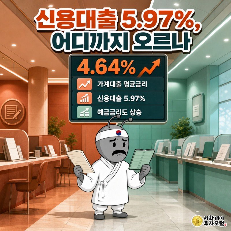 대출 창구에서 낭패한 표정의 개미와 예금 창구에서 놀란 표정의 개미가 대각선으로 마주 서 있고 가운데 전광판에 가계대출 평균금리 4.64%가 표시된 그림