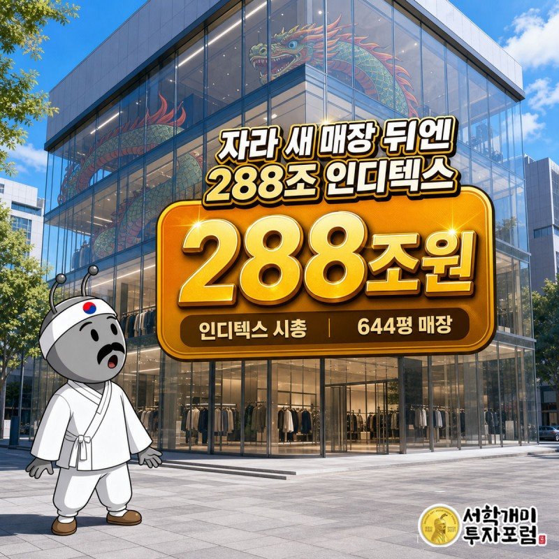 자라 강남점 앞에서 부자개미가 매장을 올려다보며 놀라는 모습, 288조원 시총 수치가 표시된 이미지
