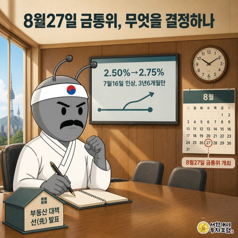 8월27일이 표시된 달력과 7월 금리 인상 타임라인을 보며 긴장한 표정으로 앉아 있는 개미가 있는 금통위 회의실 그림
