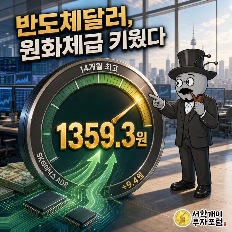 대형 환율 게이지 앞에서 반도체 칩과 달러 다발을 보며 놀라는 부자개미, 게이지 바늘이 1359.3원을 가리킨다