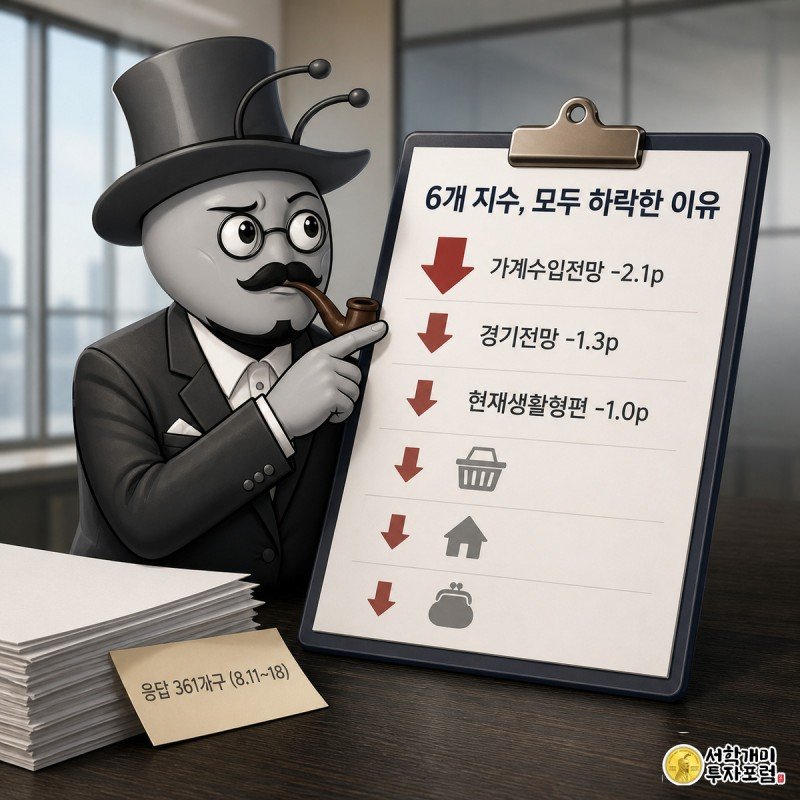 개미가 설문 체크리스트에서 가계수입전망 등 6개 항목이 모두 하락 화살표로 표시된 것을 손가락으로 짚어보는 모습