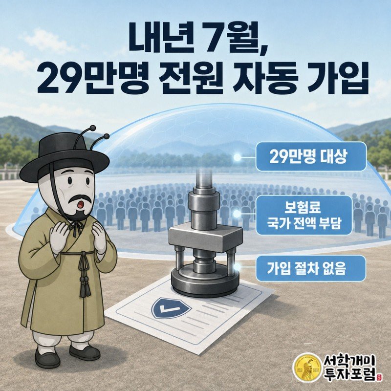 관료가 서류에 도장을 찍자 병사 대열 전체가 파란 보호막에 감싸이는 장면으로 단체 상해보험 자동 적용을 표현한 이미지