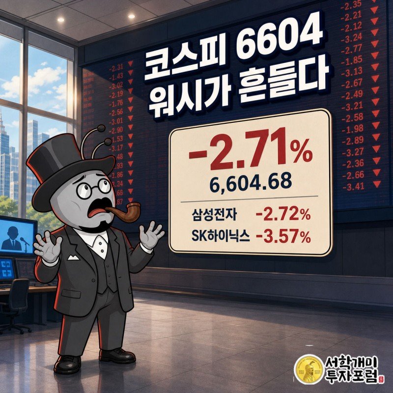 붉은 하락 숫자로 가득한 전광판 아래에서 개미가 놀란 표정으로 올려다보고, 화면 중앙에는 코스피 -2.71% 수치 위젯이 떠 있다