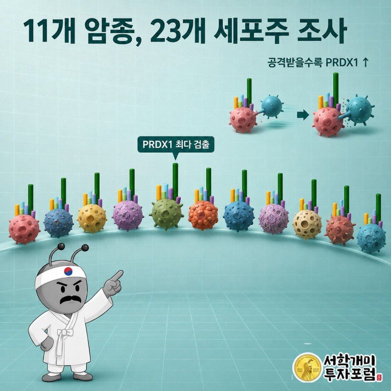 11개 암종 세포 아이콘 위에 세운 항산화 단백질 막대그래프에서 PRDX1 막대만 유독 높게 솟은 것을 부자개미가 가리키는 삽화