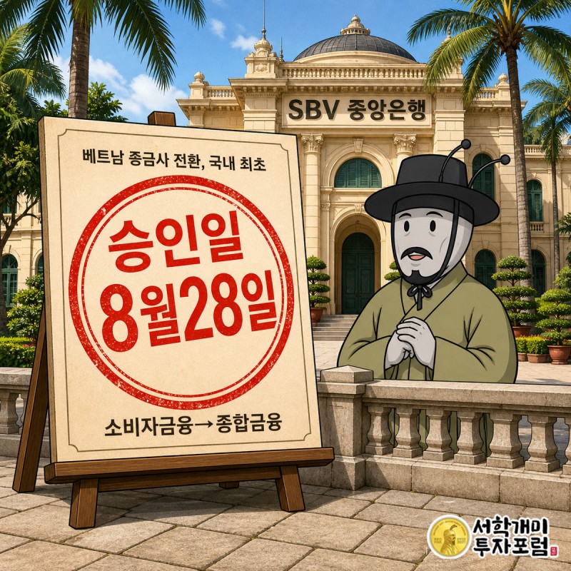 베트남 거리를 배경으로 부자개미 캐릭터가 종합금융회사 전환 승인 도장이 찍힌 서류를 놀란 표정으로 들어올리는 모습