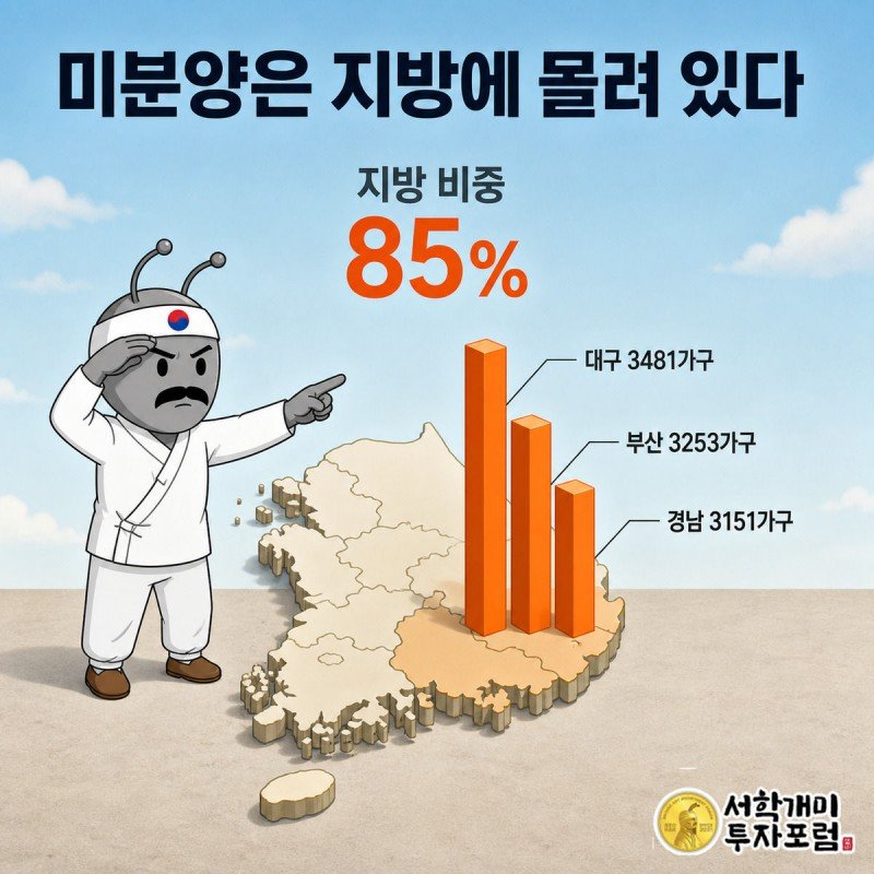 지방에 집중된 준공 후 미분양 물량을 지도 위 막대그래프로 표현한 인포그래픽