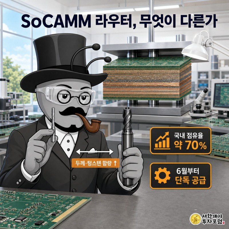 개미 엔지니어가 일반 라우터와 더 두꺼운 SoCAMM용 라우터를 양손에 들고 비교하며 진지한 표정을 짓는다