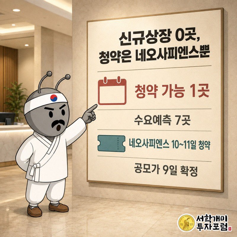 빈 신규상장 칸에 도장이 찍힌 IPO 캘린더 앞에서 서민개미가 놀란 표정으로 빈칸을 가리키는 그림