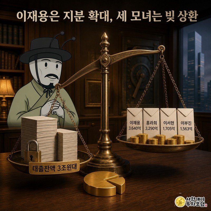 삼성가 네 인물의 배당봉투와 상속세 대출서류를 저울에 올려 비교하고, 이재용 캐릭터만 따로 서서 삼성물산 건물을 바라보는 그림