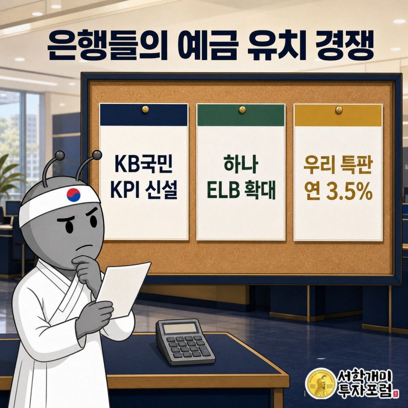 은행 창구 게시판에 붙은 세 은행의 예금 상품 포스터를 양반개미가 신중한 표정으로 비교하는 모습