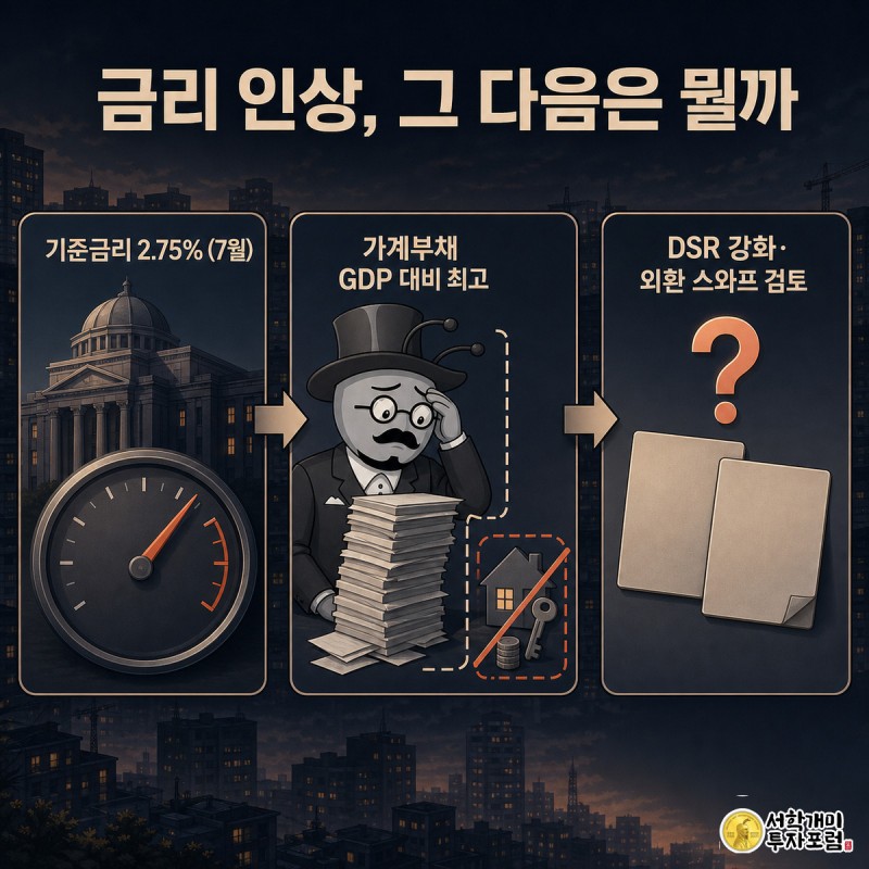 금리 인상부터 가계부채 부담, DSR 강화 검토까지 세 장면으로 이어지는 개미 캐릭터의 흐름도 일러스트.