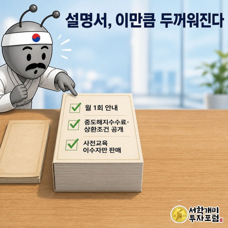 서민개미가 두꺼워진 새 ELS 상품설명서 체크리스트에 형광펜을 긋는 전후 비교 그림