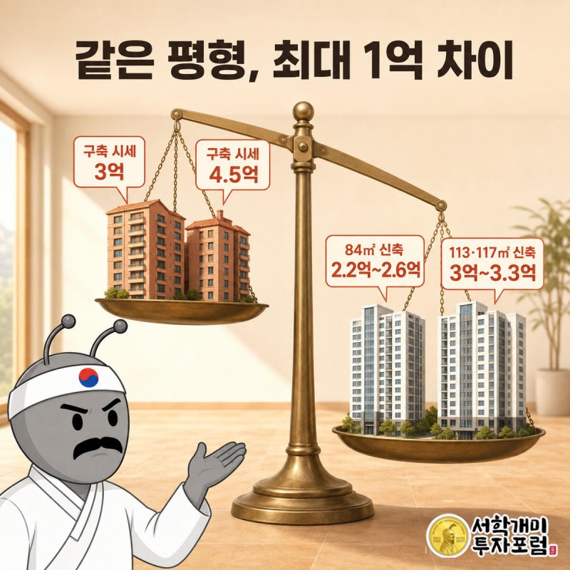 구축 아파트와 신축 상인푸르지오 전세가를 저울에 올려 비교하는 그림, 신축 쪽으로 저울이 기운다