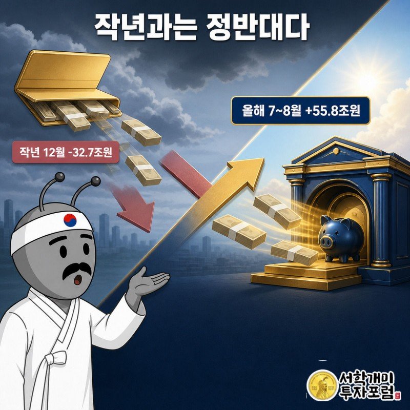 화면 왼쪽에서는 개미가 예금에서 돈을 꺼내 증시로 던지고 오른쪽에서는 반대로 돈을 은행에 넣는 대비 장면