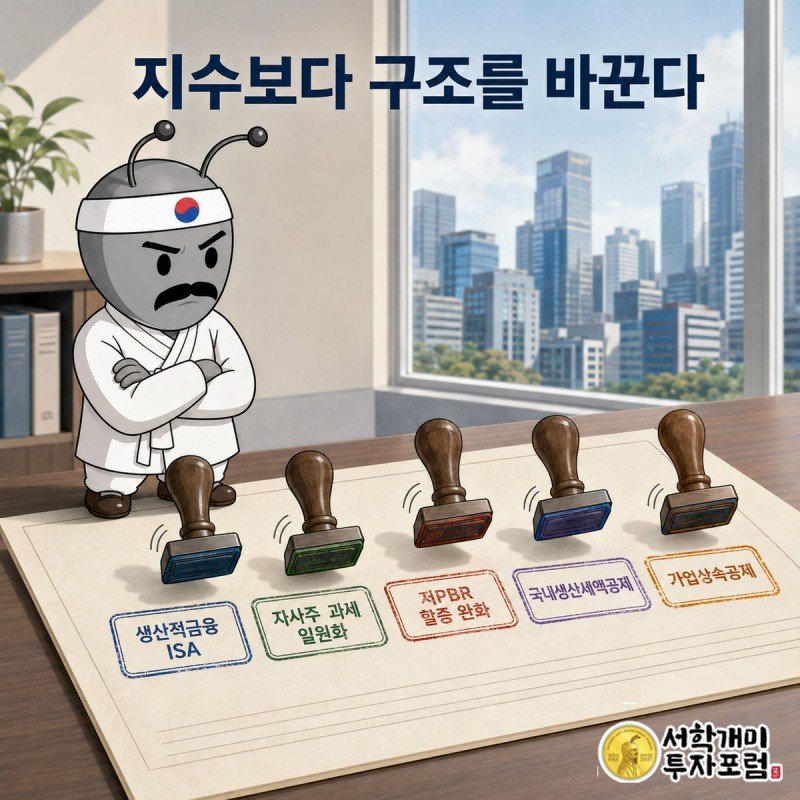 양반개미가 세제개편안 서류 위에 생산적금융 ISA 등 5가지 정책 도장이 차례로 찍히는 것을 신중하게 지켜본다.