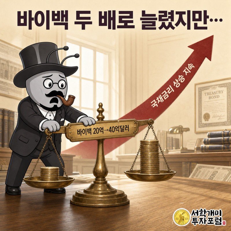 부자개미가 두 배로 늘어난 바이백 동전 저울을 눌러 보지만 뒤에서 금리 화살표가 계속 치솟아 낭패한 표정을 짓는다