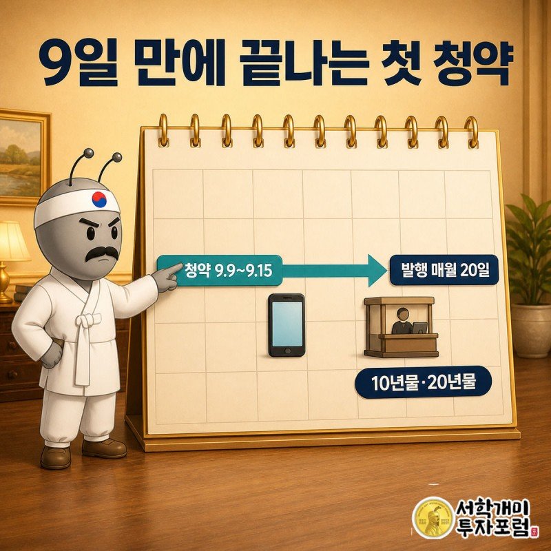 달력에서 청약 기간과 발행일을 손가락으로 짚는 개미와 옆의 모바일 신청 화면