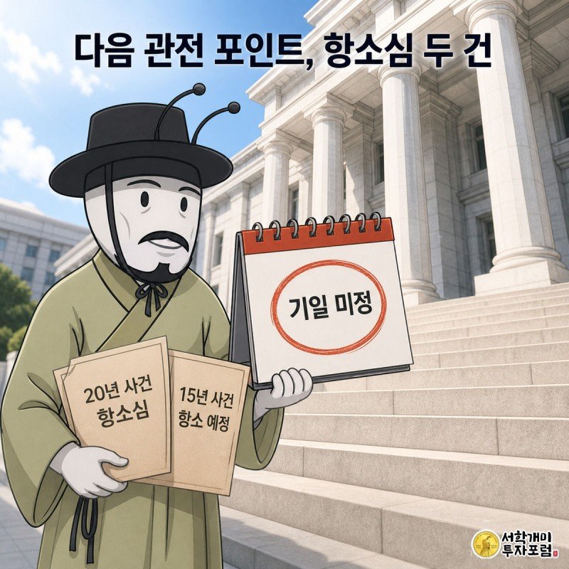 개미가 대전고법 건물 앞에서 두 장의 항소심 서류와 물음표가 그려진 달력을 들고 서 있는 인포그래픽.