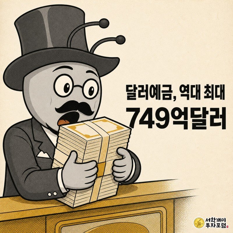 개미가 화면 3분의 1을 채우는 클로즈업으로 놀란 표정을 지으며 커다란 달러 지폐 다발을 끌어안고 있는 코믹 패널, 가운데 띠에 