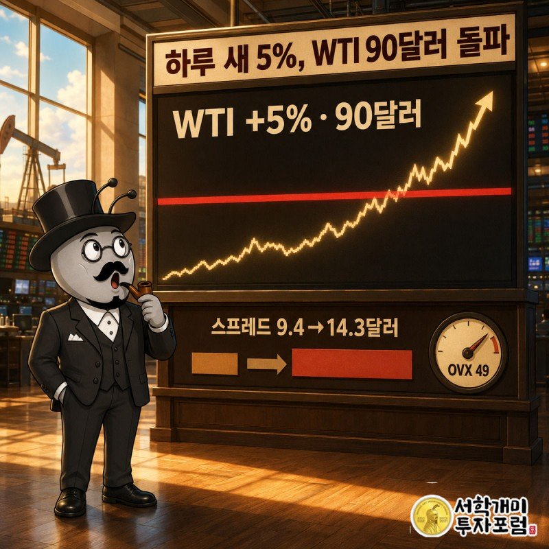 거래소 전광판 앞에서 개미가 급등한 WTI 차트와 벌어지는 스프레드 막대를 보고 놀라는 모습
