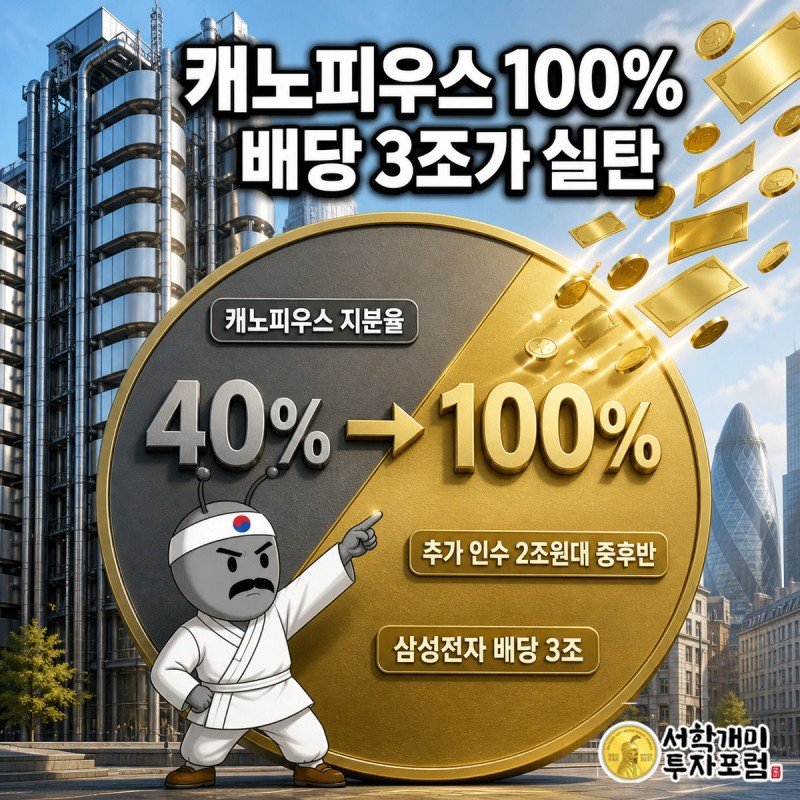 부자개미가 캐노피우스 지분이 40%에서 100%로 채워지는 원판을 가리키며 삼성전자 배당금이 금색 동전비로 쏟아지는 장면