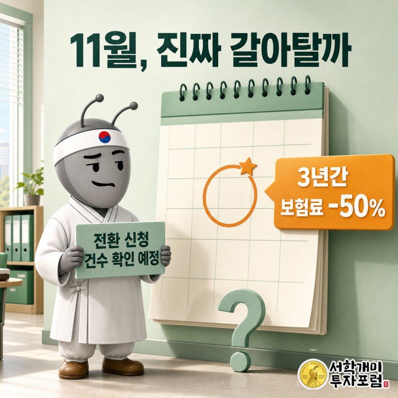 11월 달력 앞에서 보험료 50% 할인 팻말을 들고 기대와 의심이 섞인 표정을 짓는 서민개미 이미지
