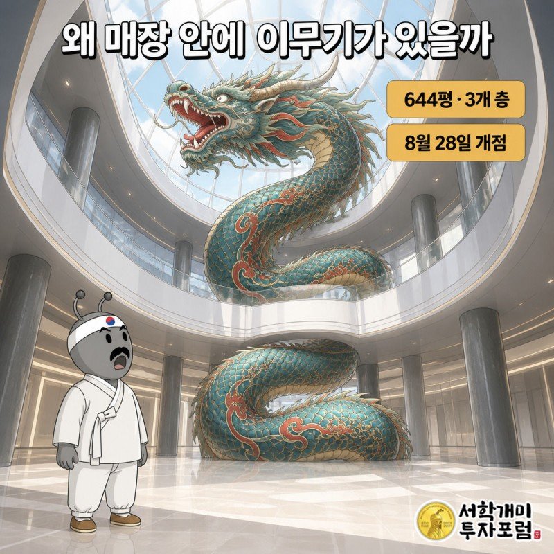 자라 강남점 3개 층을 휘감은 대형 이무기 조형물을 개미가 올려다보는 모습