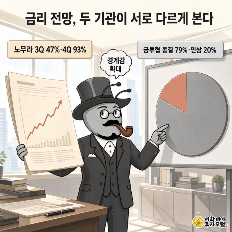 노무라 증권의 금리 인상 전망 보고서를 든 개미와 금투협 동결 전망 설문판을 든 개미가 서로 다른 방향을 가리키는 모습.
