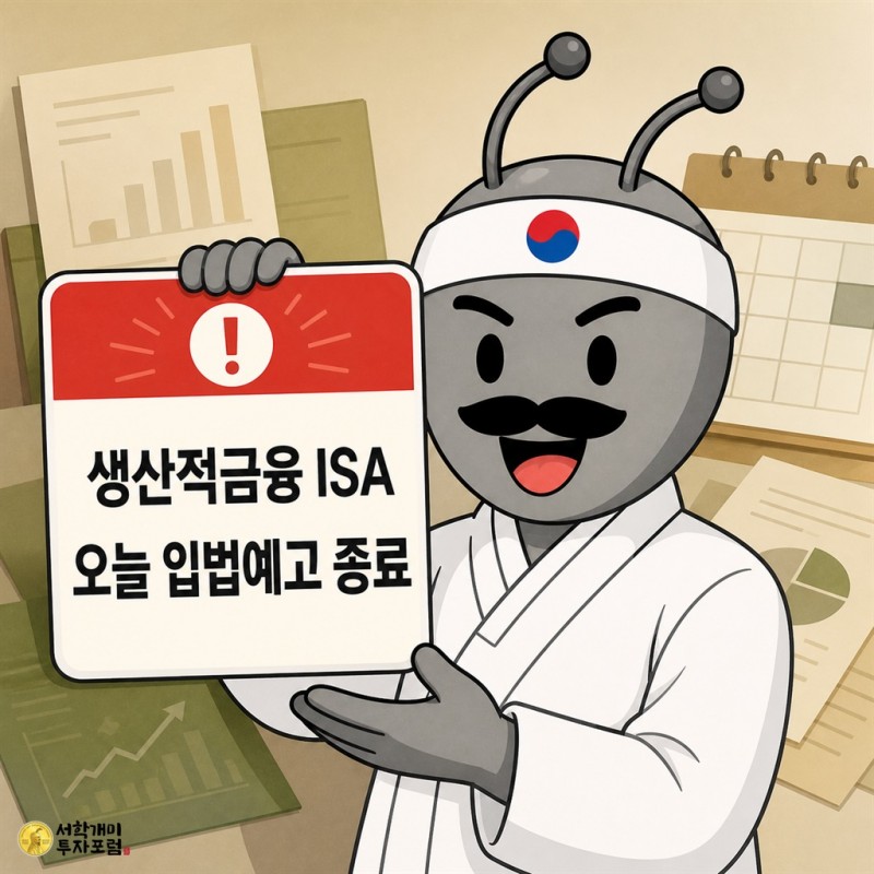 동학개미 기자가 생산적금융 ISA 신설과 오늘 입법예고 종료를 안내하는 그림