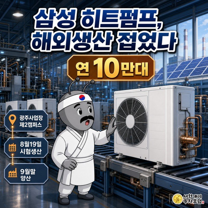 광주사업장 생산라인에서 개미 캐릭터가 갓 완성된 히트펌프 실외기를 올려다보며 놀라워하고, 상단에 