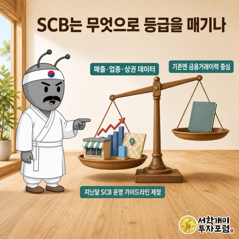 저울 한쪽에 매출·업종·상권 데이터 카드가 무겁게 쌓이고 반대쪽 낡은 통장은 가볍게 떠 있는 것을 서민개미가 놀라며 가리킨다