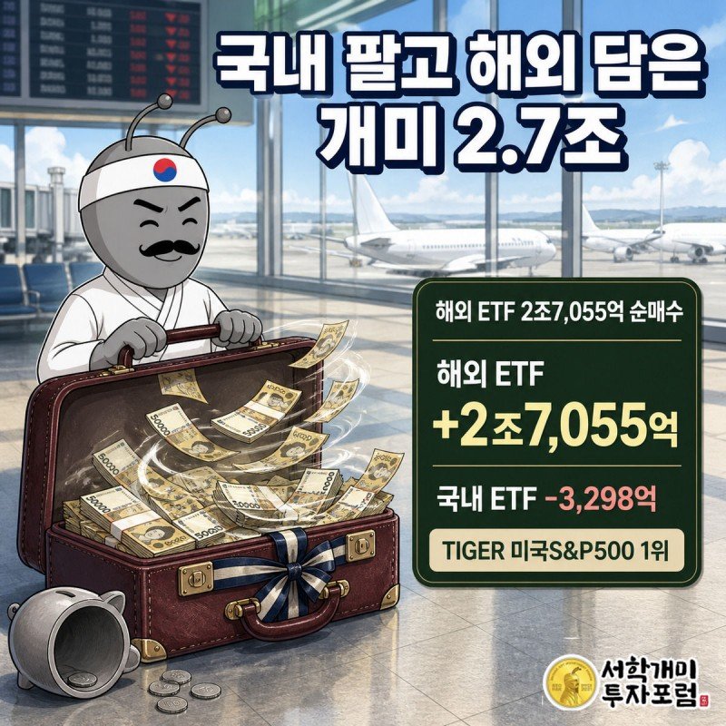 서민개미가 원화 지폐가 빨려 들어가는 버건디 캐리어를 끌며 웃고, 옆에는 텅 빈 국내 저금통이 쓰러져 있다