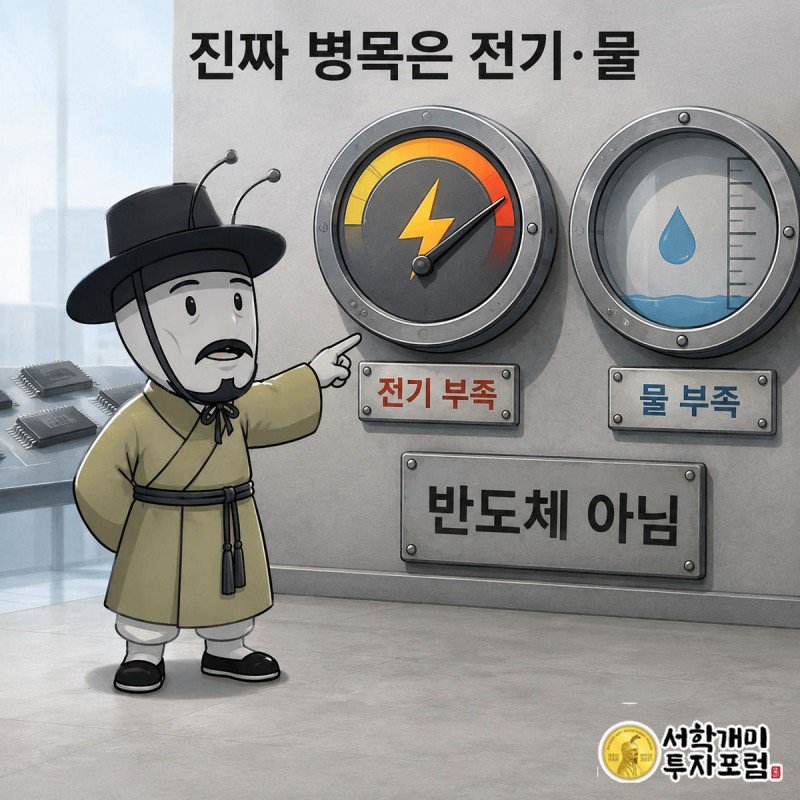 부자개미가 배경의 반도체 더미를 지나쳐 위험 수위에 다다른 전기 계기판과 물탱크 경고등을 가리키는 장면