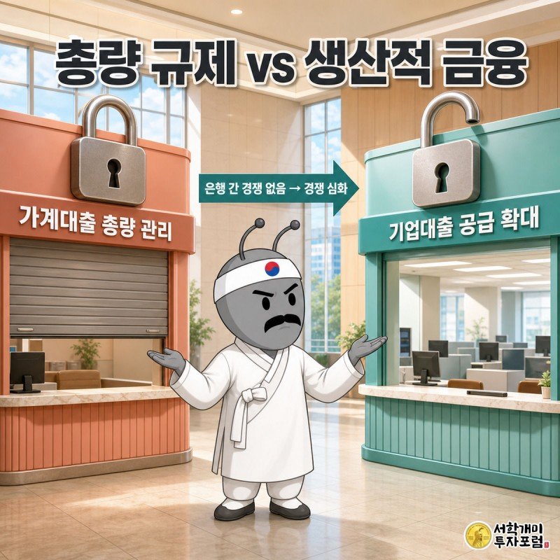 셔터가 내려온 가계대출 창구와 활짝 열린 기업대출 창구를 나란히 그린 은행 내부 장면