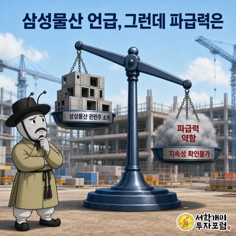 삼성물산 표찰과 파급력 약함 표찰이 놓인 저울이 기울어진 것을 개미가 의심스러운 표정으로 지켜보는 삽화